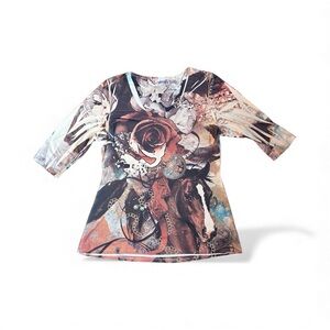Graphic Western Top with Horse and Rose Design Women’s L